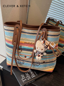 Large Capacity Clever&Ketch Rainbow Woven Bag Womens 2025 New Style Straw Woven Shoulder Tote Bag Versatile Casual Handbag