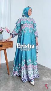 Erisha Gamis Lebaran Motif Bunga Set Hijab Segiempat Premium Maxi Dress Pesta Kondangan Mewah