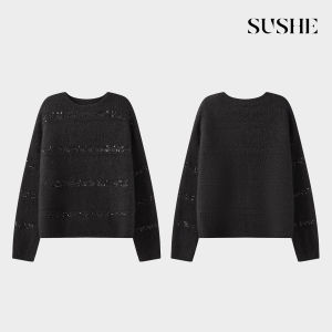 SUSHE | Multicolor Raccoon Fleece and Wool Shiny Stripe Round Neck Knit Sweater