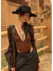 ชุดเดรสแขนยาวรัดรูปคอวีลึก ทรงสลิมฟิต ผ้าตาข่าย ทรงเอวสูง ลายคลื่น ชุดเดรสแฟชั่นฤดูร้อนสำหรับผู้หญิง