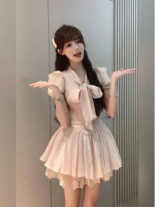 Xzy/Xin Zhengyan Slightly Oversized Girls Sweet Gentle Elegant Pink Dress Female Summer Waist-Tight First Date Puff Short Skirt