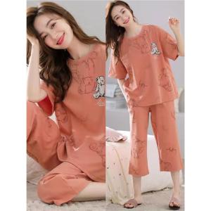 Womens Short Sleeve Cotton Pajamas Set Summer New Style Seven-Foot Pants Home Clothes Can Be Worn outside Two-Piece Set