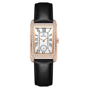 MARK FAIRWHALE Brand 3430 Luxury Fashion Womens Quartz Watch Roman Numerals Diamond Case Leather Strap Watches For Women
