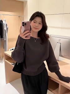 🎀 SIS Women Temperament Knitwear Gentle Off Shoulder Lantern Sleeve Knitwear Waist Retraction Sweater
