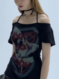 GDTIMA Spice Printed T-shirt For Women Summer Slimming Tops Black