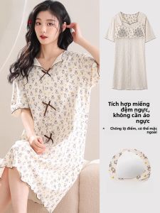 MiiOW | Váy ngủ mùa hè phong cách ngọt ngào cho nữ Váy ngắn tay có đệm ngực Quần áo mặc nhà thường ngày Váy ngủ bằng vải Modal