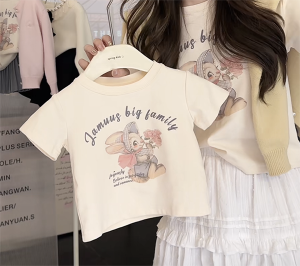 Summer New Style Family Matching Clothes Rabbit Print Short Sleeve Top for Mother And Daughter Girls Casual Cotton Blend