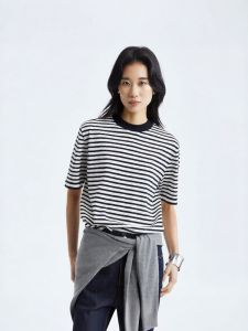 Eastern Light | Classic Linen Cotton Striped Womens Short Sleeve Round Neck T-shirt