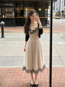 XUECAIQI | French Elegant Style Black Lace Trimmed Knit Cardigan and Dress Set