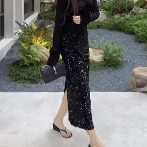 Black Heavy-duty Shiny Diamond Design High-waist A-line Mini Skirt Womens Fashion Slimming Luxury Split Half-length Skirts