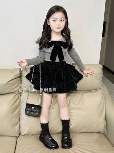 Girls Spring Autumn Knitted Outfit with Butterfly Knot Top Child Collar Base Shirt Half Skirt Two Piece Set Korean Style Childrens Clothes