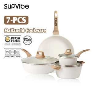 SUPVIBE Non Stick Frying Pan Kitchen Cookware Set 4Pcs Non Stick Cookware Set Die-Cast Wok Frying Pan Milk Pot Maifan Stone Coating with Cover Suitable All Stoves