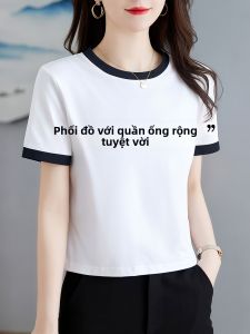 LINGLONGDAI | Áo thun nữ tay ngắn cotton nguyên chất màu tương phản mùa hè dáng ôm trẻ trung thời trang cổ tròn thường ngày