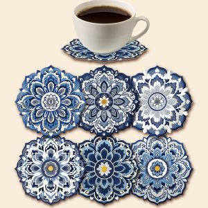 Chinese Style Blue and White Porcelain Wood Mandala Flower Round Coasters Anti-hot Home Office Restaurant Cafe Table Decoration