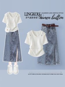 NUMEN BUTTON | Slimming Short Sleeve T-shirt With Slit Denim Skirt Set