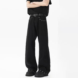 Black Rivet Frayed High Waist Bell Bottom Jeans American High Street Vibe Straight Leg Long Trousers for Teenagers Cotton Denim