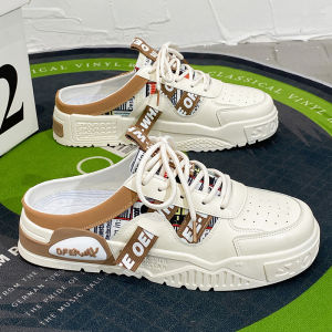 Mens Slip-On Driving Shoes Half Slippers No-Back Step Leather Patchwork Youth Trend Spring Autumn Wear Resistant Rubber Sole