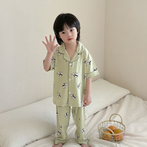 miiow | Pure Cotton Summer Pajamas For Boys Short Sleeve Long Pants Home Clothes Suitable For Outdoor Wear Breathable And Soft Childrens Sleepwear