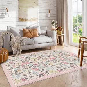 Thảm Trải Sàn VIKAMA Vintage Họa Tiết Hoa Nhiều Màu Sắc In Hoa Văn Nền Kem Viền Hồng Chống Trơn Trượt Mềm Mại Giặt Được Phong Cách Boho Cho Phòng Khách