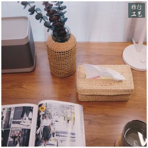 Simple Design Handcrafted Grass Woven Tissue Box Desktop Storage Organizer Natural Aesthetics Rectangular Shape Easy Assembly