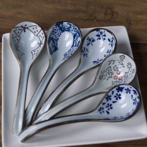 Japanese Style Ceramic Soup Spoon Underglaze Color Personalized Porcelain Spatula Rice Spoon Home Use Dining Utensils