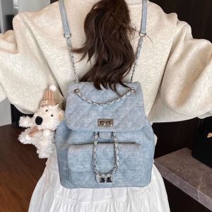 Casual Large Capacity Denim Fabric Womens Backpack Fashion Chain Bucket Bag Leisure Double Shoulder Bag for Youth School Use