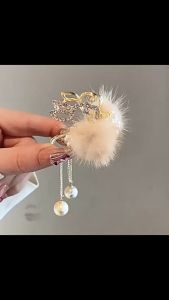 F4 Jepit Rambut Rumbai Mutiara Kelinci Plush Rabbit Rhinestone Faux Pearl Tassel Hair Claw HFMT001