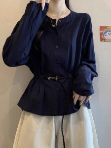 เสื้อเชิ้ตแขนยาวสีน้ำเงินสไตล์ฝรั่งเศสสำหรับผู้หญิงไซส์ใหญ่ ทรงหลวม กระโปรงทรงเอเข้ารูป ปกโปโล ฤดูใบไม้ร่วง 2025