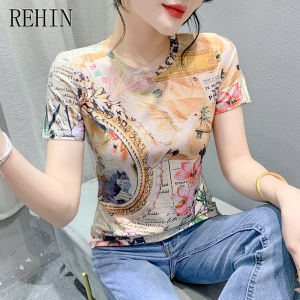 REHIN Summer new fashion unique pattern printing short-sleeved T-shirt round collar elegant womens top