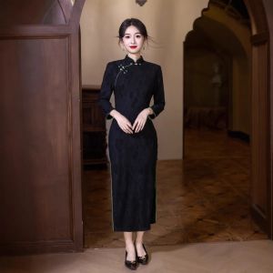 Autumn/Winter Chinese Style Improved Jacquard Black Cheongsam New Chinese Large Size 4XL Long Dress Qipao