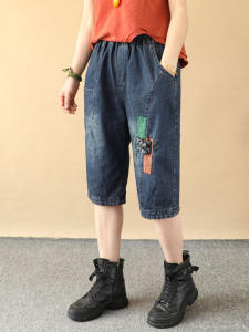 Retro Embroidered Loose Fit High Waist Straight Leg Short Jeans Casual Style Summer New Arrival Womens Denim Five-Quarter Pants