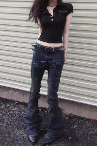 West Coast Denim Jeans Womens American High Street Pants Fake Two-Piece Elastic Quality Spring Autumn Long Trousers Trendy