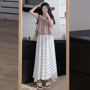 miiow | White Ice Silk High Waist Thin Wide Leg Pants Skirt High Waist Summer 2024 New Style MiiOW Cat Person Matching All Seasons
