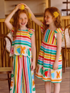 PPTOWN | Rainbow Stripe Ruffle Hem Butterfly Sleeve Girls T-Shirt