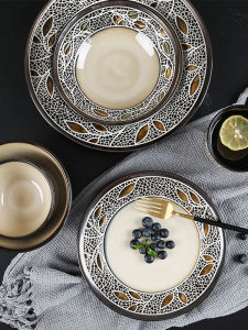 Yuzhong Ceramic Soup Bowl Fish Plate Large Capacity Noodle Bowl Porcelain Dinnerware Set Home Use round Shape Floral Pattern