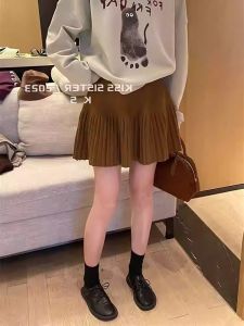 Womens Wool Pleated Knitting Skirt Fall and Winter Small Fancy Slim Looking High Waist All-Matching Graceful A- line Skirt
