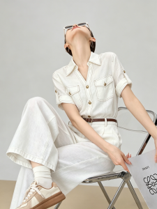 GULILI | Vintage Contrast Stitching White Shirt & Pants Set