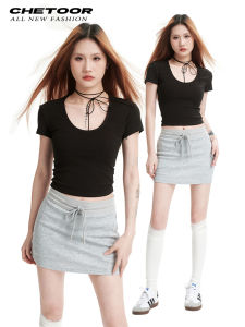 Áo Thun Nữ Tay Ngắn Màu Đen Cổ Chữ U Ôm Vừa Vặn Mùa Hè 2025 Áo Thun Cotton Pha Trộn Cổ Điển Đơn Sắc Dài Ngắn