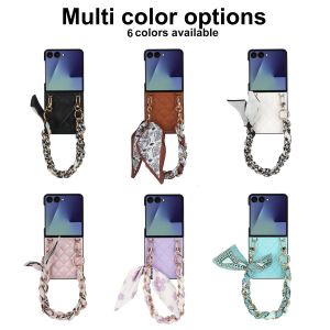 for Galaxy Z Flip 7 Case for Women Girls with Wrist Strap Cute Scarf Style Lanyard Diamond Pattern Leather Hard PC Shockproof Protective Phone for Samsung Z Flip 6 CaseZ Flip 5 CaseZ Flip 4 Case