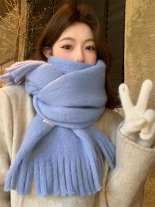 New Pure Color Fringed Plush Scarf Womens Thickened Soft Winter Scarf Korean Style Versatile Couple Student Warm Neck Warmer