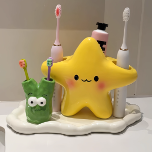 Cute Cartoon Ceramic Toothbrush Holder Electric Toothbrush Storage Rack Bathroom Vanity Surface Dental Care Organizer