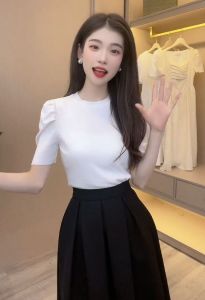 K-style Younger Fashion Puff Sleeves Knitting White Short-Sleeved T-shirt Female 2023 Summer Pure Color All-Matching Chic Tops