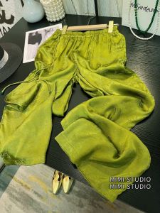 Green Silk Wide Leg Pants Womens Elastic Waistband Summer High-End Feeling Tkae Flower Pattern Loose Fit Long Trousers