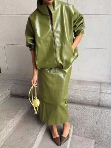 Street Pu Leather Skirt Set Women Solid Long Sleeve Zippers Loose Jacket Split Mid Skirts 2026 Autumn Fashion Lady Outfit