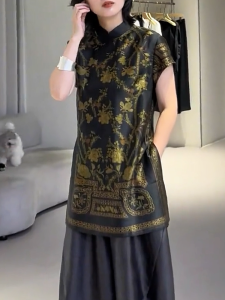 QINGNAER | Retro Luxurious Skinny Cheongsam-Style Womens Short Sleeve Shirt