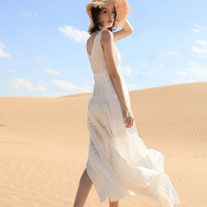 NENIAYA Sleeveless Long Dress for Women in White Pure Color Artzy Style with Patchwork Cut Out Lace Details Loose Waist