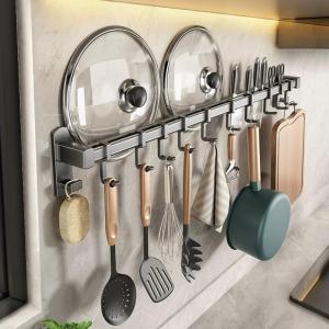 No-Drill Kitchen Wall Mounted Hook Rack Aluminum Alloy Utensil Holder Spoon Pan Holder Rustproof Nordic Style Kitchen Storage