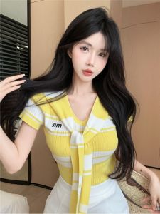 GUZILIAN | Áo thun tay ngắn dáng ôm Ice Silk Hàn Quốc thanh lịch Áo khoác cho nữ mùa hè thường ngày Áo chui đầu họa tiết sọc chữ