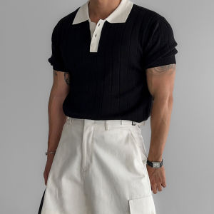 DAVID&ME | Contrast Color Vertical Stripe Mens Knit Polo Shirt Summer New Arrival Light Sophisticated Office Casual