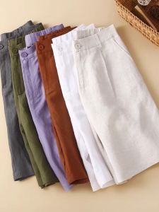 High-End Cotton Linen Short Pants Women Summer Thin Commute Simple Casual Wide Leg High Waist Straight Cut Linen Five-Quarter Mid-Pants